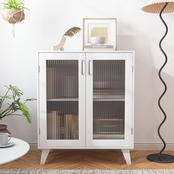 FUNKOL 27.1 in. x 14.96 in. x 32.5 in. White Particleboard Ready to Assemble Kitchen Cabinet w/2 Glass Door & Adjustable Shelve