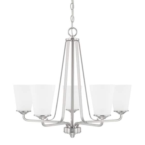 Braylon 26 in. W x 22.5 in. H 5-Light Brushed Nickel Chandelier in with Soft White Glass Shade and No Bulbs Included