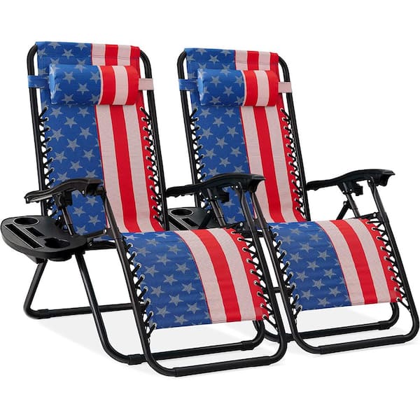 Unbranded Set of 2 Adjustable Steel Mesh Zero Gravity Lounge Chair Recliners with Pillows and Cup Holder Trays - American Flag