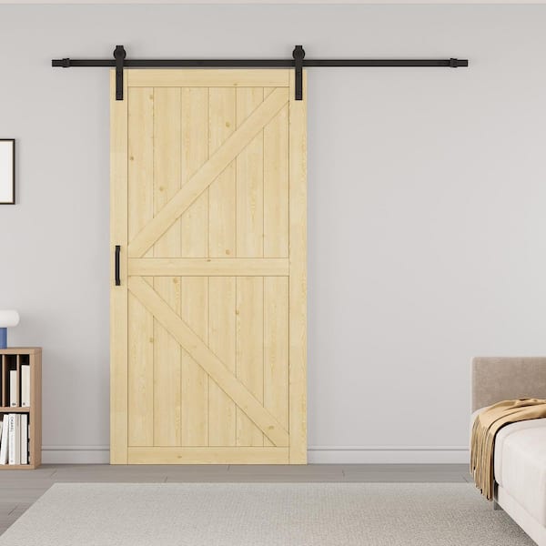 42 in. x 84 in. Paneled K Shape Solid Pine Wood Unfished Barn Door Slab with Installation Hardware Kit and Soft Close