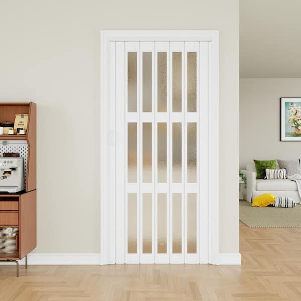 36 in. x 80 in. White Dual 3-Lite PVC Accordion Door with Frosted Acrylic Glass with Installation Hardware