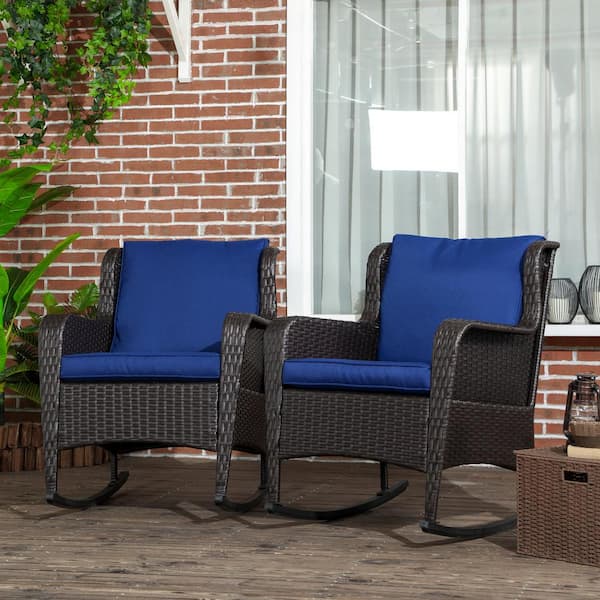 Outsunny Dark Blue Wicker Outdoor Rocking Chair Set of 2 with Cushions
