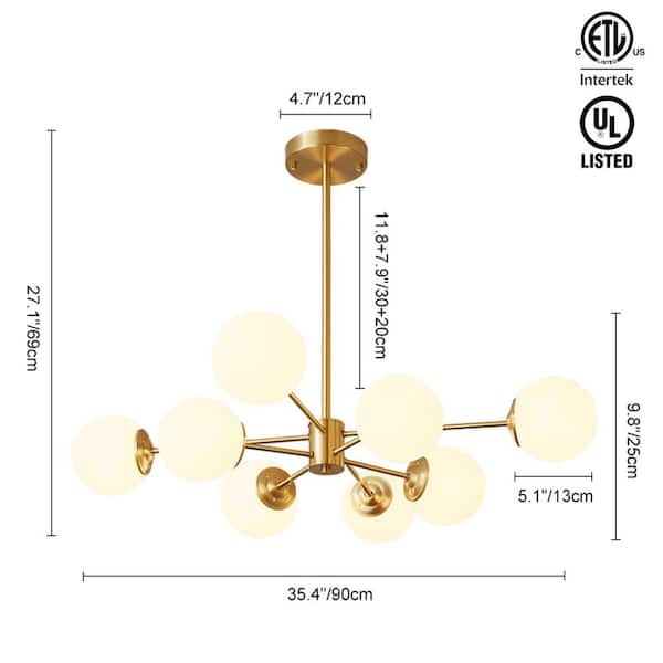 Orlena 8-Light Brass Mid-Century Modern Sputnik Chandelier with Frosted Opal Glass Globes Shades