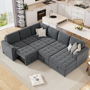 107.5 in. Corduroy U-shaped Sectional Sofa in Gray with Pull-out Sofa bed, a Storage Chaise Lounge, Charging Station