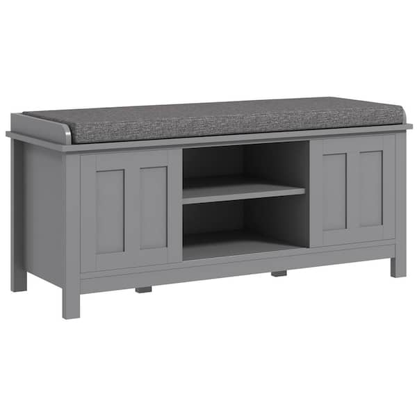 HOMCOM Grey Entryway Shoe Storage Bench Ottoman with Sliding Doors, Hold 10 Pairs Shoes and Adjustable Shelving