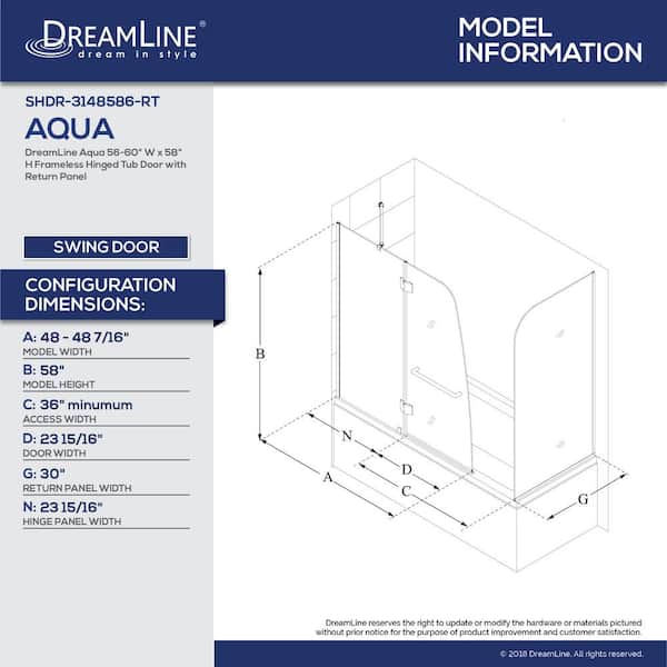DreamLine Aqua 56 in. to 60 in. x 58 in. Semi-Frameless Hinged Tub Door in  Brushed Nickel SHDR-3148586-RT-04 - The Home Depot