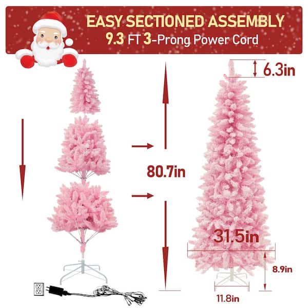 HOMCOM 6ft Slim Artificial Christmas Tree - Prelit With 200 Warm White LEDs & Pink Snow Flocked Branches