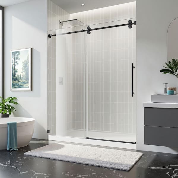 54 in. W x 76 in. H Single Sliding Frameless Shower Door in Matte Black with 3/8 in. Clear Tempered Glass