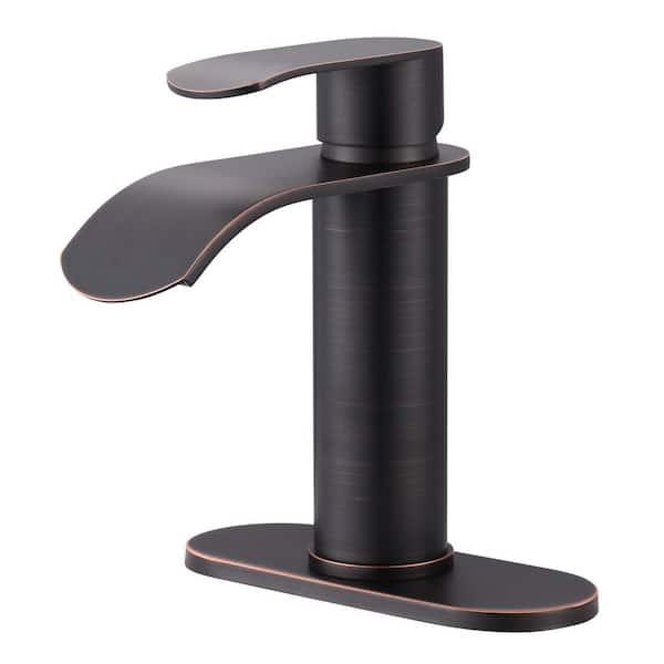 WOWOW Waterfall Single Handle Single Hole Bathroom Faucet with Deckplate and Pop Up Drain in Oil Rubbed Bronze
