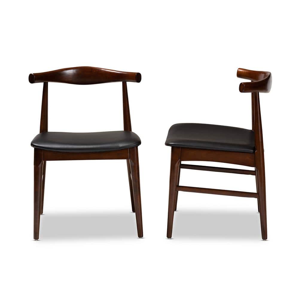 Mid-Century Modern Black Faux Leather Walnut Dining Chair Set