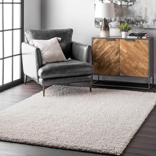 Clare Solid Shag Cream White 5 ft. 3 in. x 5 ft. 3 in. Indoor Square Rug
