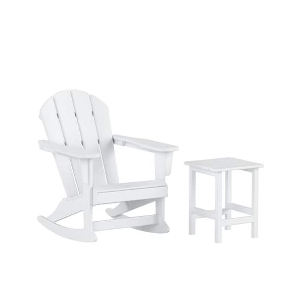 Laguna HDPE Poly Plastic Outdoor Patio Classic Adirondack Porch Rocking Chair with Side Table Set in White