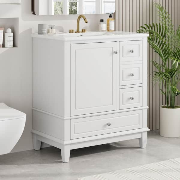 30 in. Freestanding White Bath Vanity with Ceramic Top Sink and Shelf, 3-Drawers