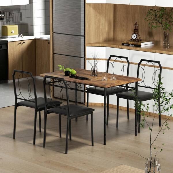 VECELO Dining Table Set For 4, 43.3 in. L, Brown Rectangle Table
