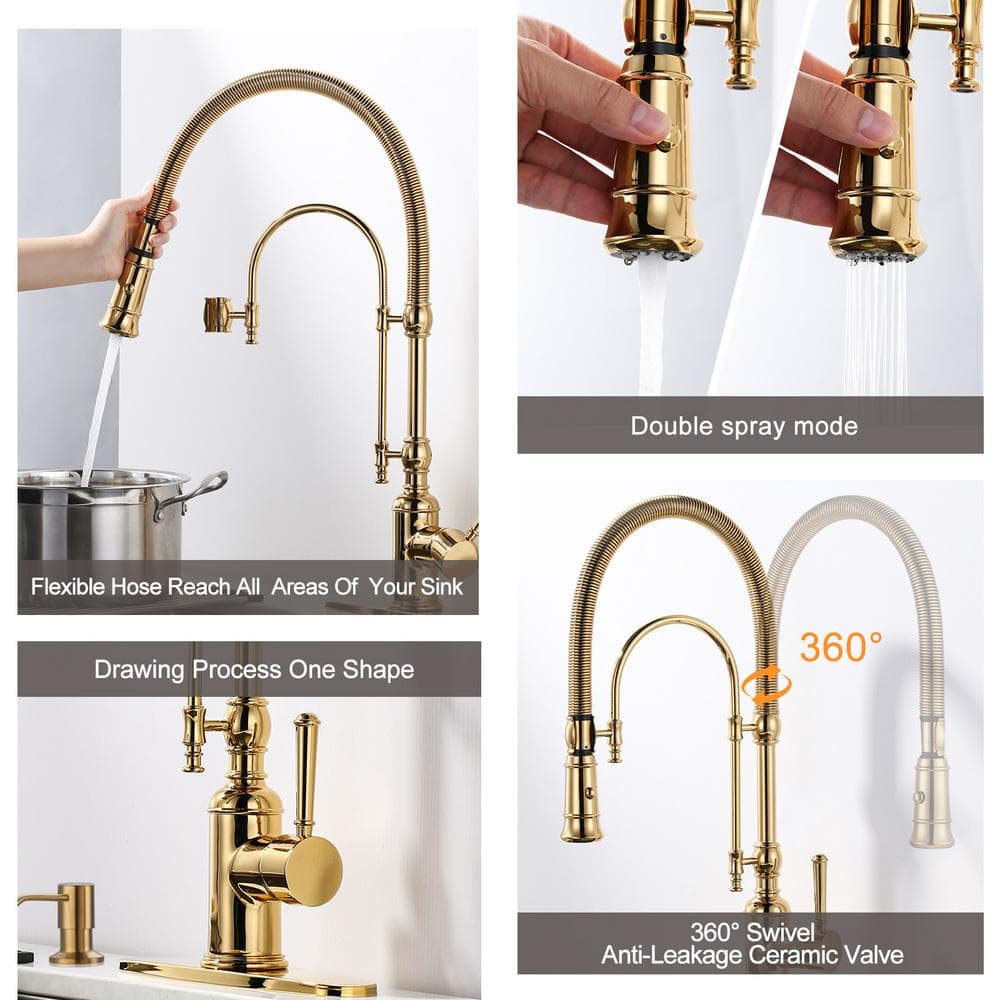 Brushed Gold Single Handle Pull Down Kitchen Faucet with Soap Dispenser