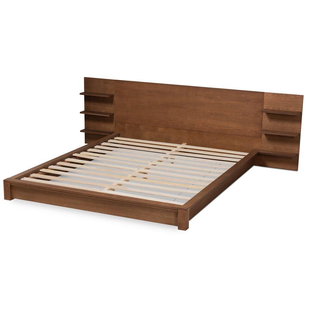 Walnut Brown Wood Queen Platform Storage Bed with Shelves