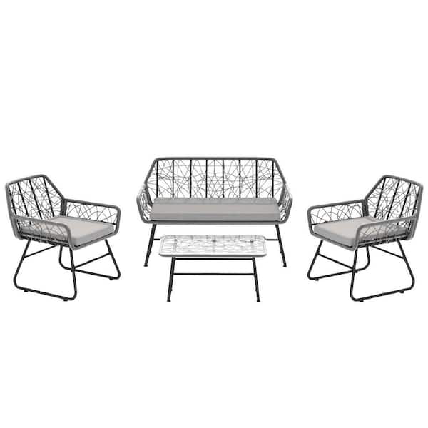 Unbranded Outdoor Garden 4-Piece Wicker Patio Conversation Set with Gray Cushions and Tempered Glass Table for Backyard, Balcony