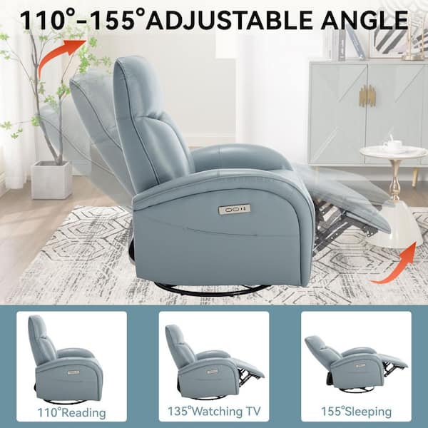 36.23 in. Blue Leather Swivel Recliner with Power Lumbar Support, 270° Swivel, with USB and Type-C Ports