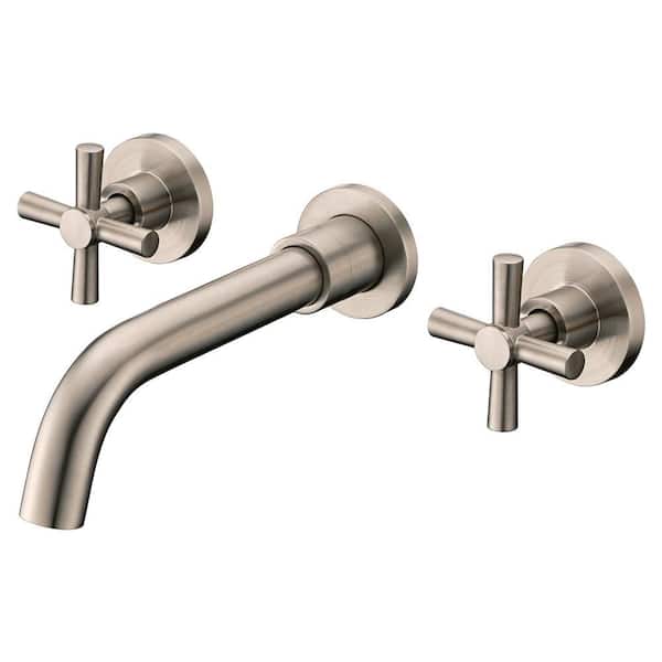 Modern Double Handle Wall Mounted Bathroom Faucet in Brushed Nickel