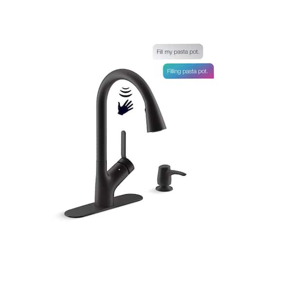 null Setra Single-Handle Voice Activated Pull-Down Sprayer Kitchen Faucet with Kohler Konnect in Matte Black