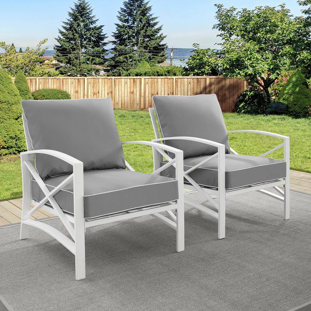 Gray and White Outdoor Club Chairs with Cushions, Set of 2