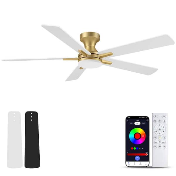 52 in. Smart Outdoor Indoor Gold Flush Mount Ceiling Fan with RGB LED Lights and APP/Remote Control, Dimmable, 6-Speeds