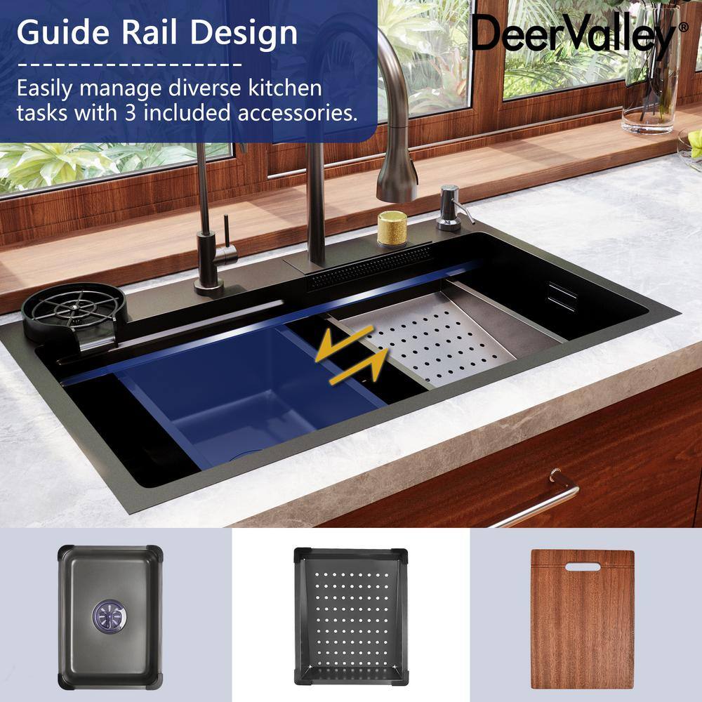 30" Black Stainless Steel Drop-In Single Bowl Kitchen Sink Workstation
