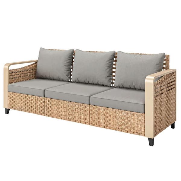 Brown and Gray 3-Piece Wicker Outdoor Sofa Couch Set with Gray Polyester Cushions Durable Construction