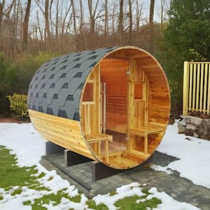 Oasis 2-4 Person Cedar Indoor or Outdoor Wet/Dry Barrel Sauna with Canopy, Shingled Roof and 6kW Harvia Electric Heater