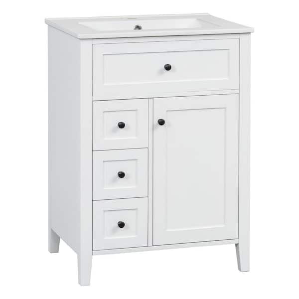 24 in. White Wood Rectangle Vessel Sink Bathroom Vanity Combo with Adjustable Shelves, 3 Drawers