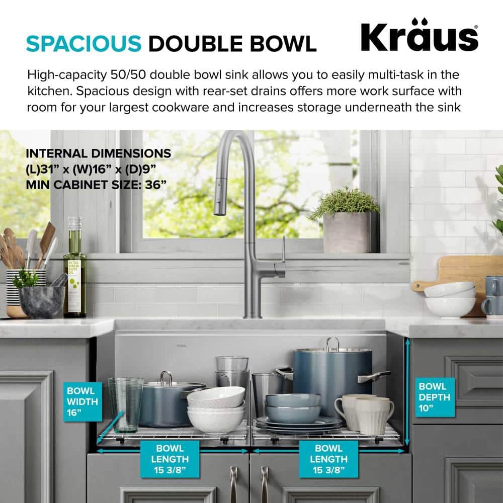 Kore 33-Inch Stainless Steel Undermount Double Bowl Kitchen Sink with Accessories