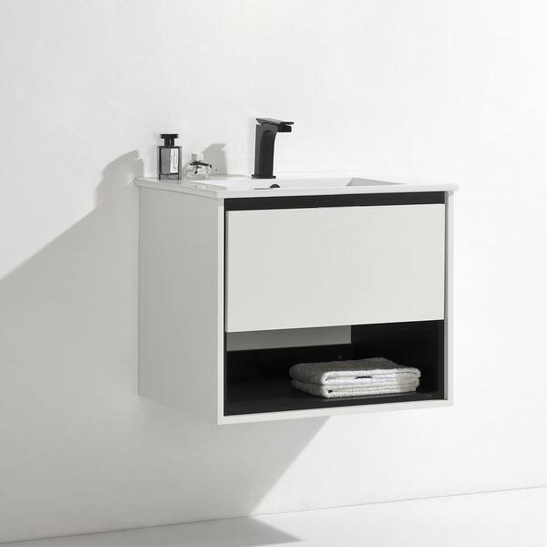tunuo 24 in. W x 18.3 in. D x 20.3 in. H Wall Mount Bath Vanity in White with White Ceramic Top with White Basin