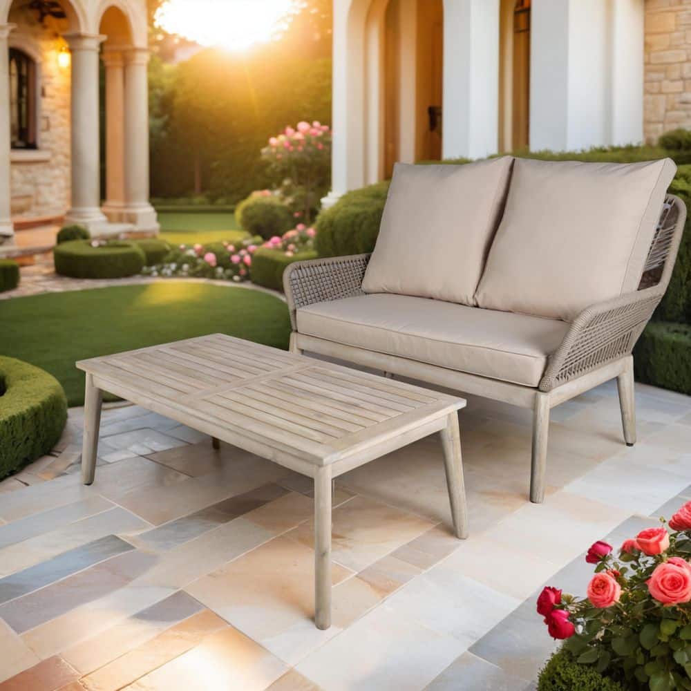 Hawise 2-Piece Acacia Wood Patio Outdoor Conversation Set With Beige Cushions price history on PriceWatchPro