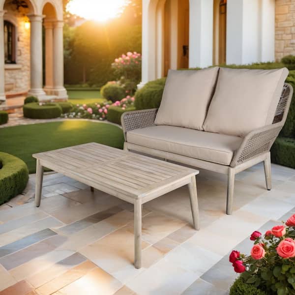Hawise 2-Piece Acacia Wood Patio Outdoor Conversation Set With Beige Cushions