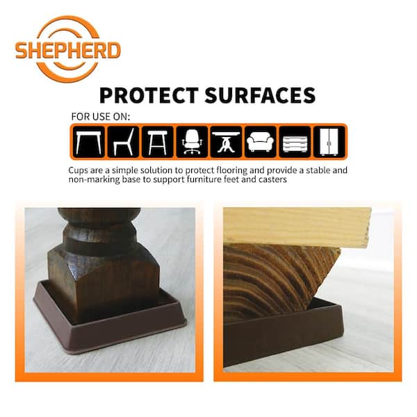 2 in. Brown Square Smooth Rubber Floor Protector Furniture Cups for Carpet & Hard Floors (4-Pack)