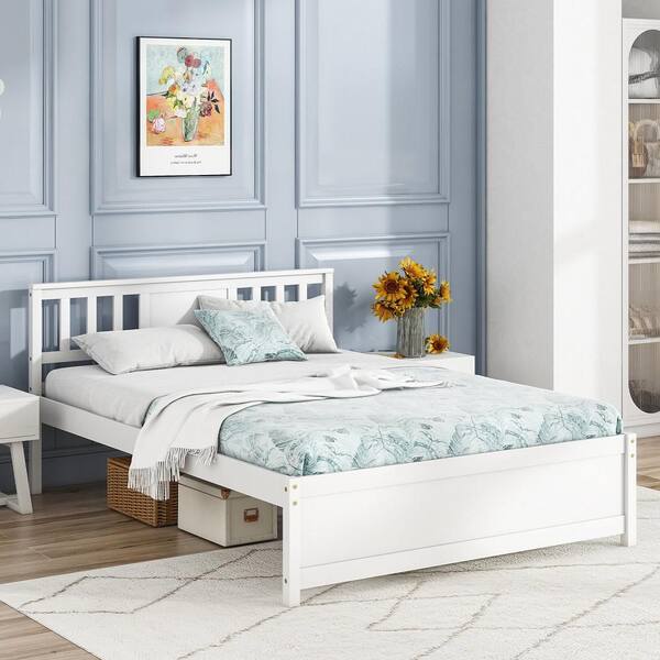 Gymax White Wood Frame Full Size Platform Bed w/ Headboard Support
