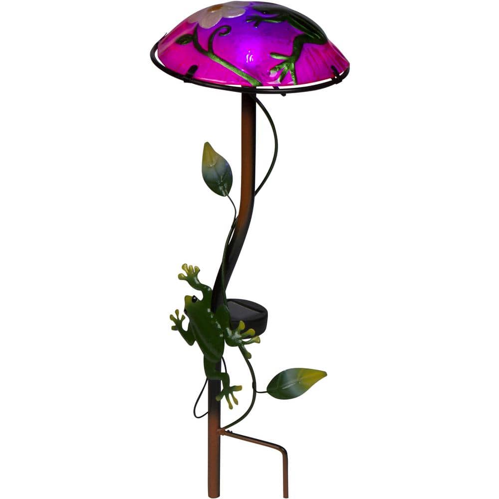 12 in. Solar Mushroom Garden Stake Light with Frog Design (Purple)