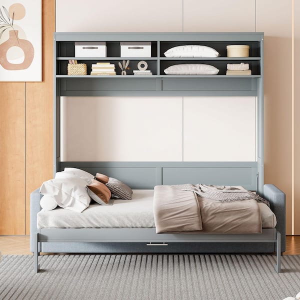 Gray Wood Frame Queen Size Murphy Bed with Sofa