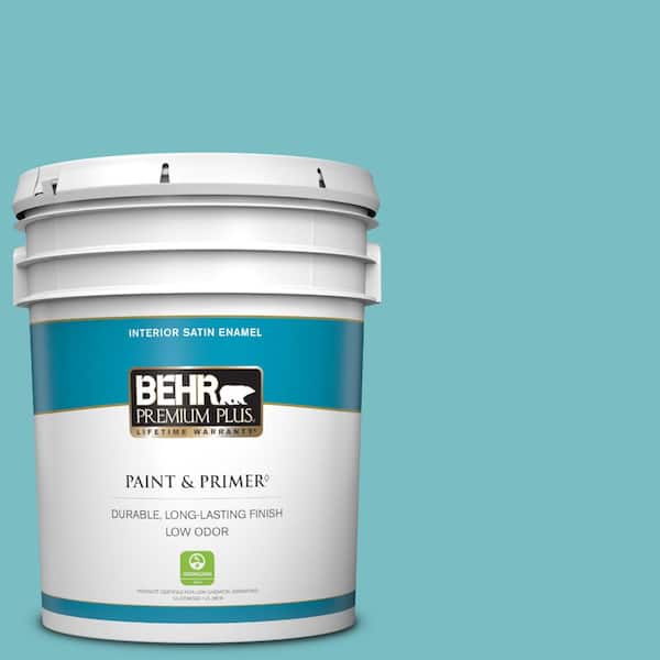 BEHR PREMIUM PLUS 5 gal. #M460-4 Pure Turquoise Satin Enamel Low Odor Interior Paint & Primer