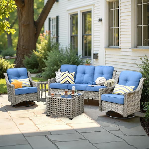 HOOOWOOO Denver 5-Piece Wicker Outdoor Furniture Patio Conversation Sofa Set with Swivel Rocking Chairs and Sky Blue Cushions