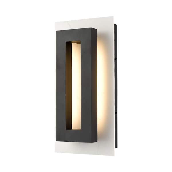 C Cattleya 16 in. Matte Black Outdoor Hardwired Wall Lantern Sconce with White Rock Slab Integrated LED