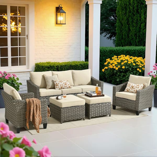 Rosy 5-Piece Wicker 5-Seat Outdoor Furniture Patio Conversation Sofa Seating Set with Beige Cushions