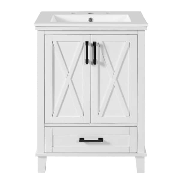 24 in. White Wood Rectangle Vessel Sink Bathroom Vanity Combo with 2 Soft-Close Doors, 1 Divided Drawer