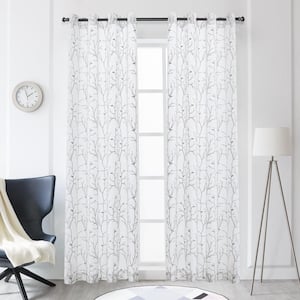 Grey Floral Embroidered Grommet Sheer Curtain - 54 in. W x 95 in. L