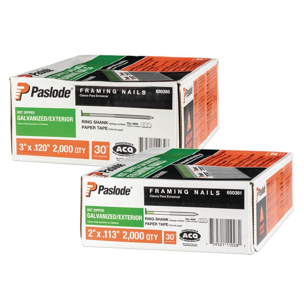 Paslode in. x 0.120-Ga and in. x 0.113-Ga 30-Degree Galvanized Ring  Shank Paper Tape Framing Nails (2000 per Box) (2-Pack) 650951 The Home  Depot