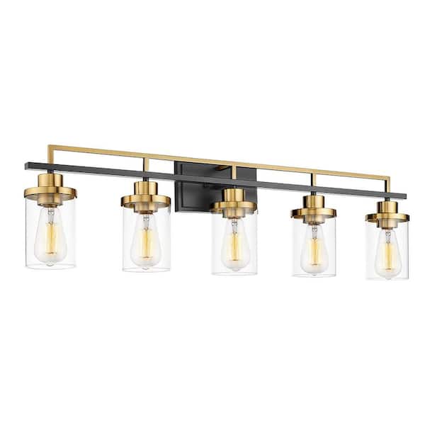 JAZAVA 36.2 in. 5-Light Black and Gold Vanity Light with Clear Glass Shade