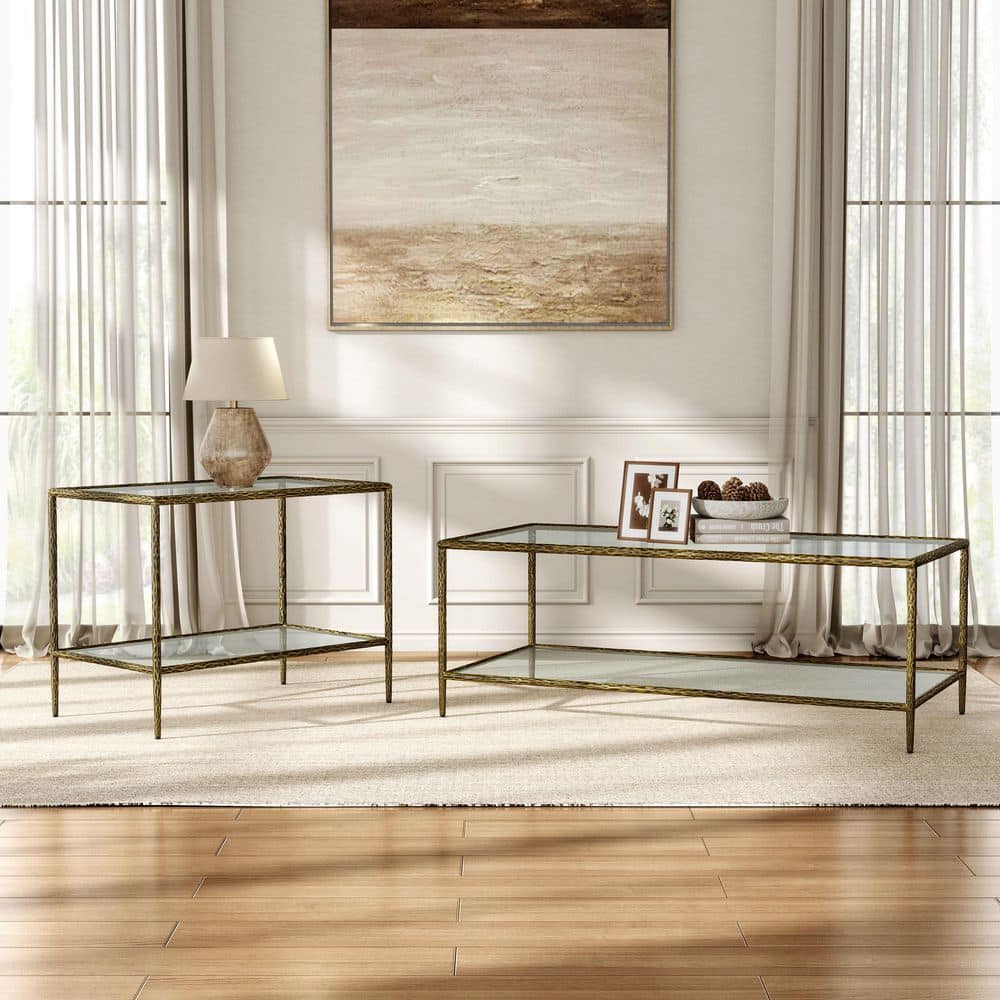 Parto Modern 47.2 in. Forged Metal Gold Rectangle Glass Top Coffee Table Set With 2 Pieces With Shelf
