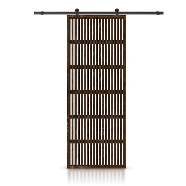CALHOME 30 in. x 96 in. Japanese Series Pre Assemble Walnut Stained Wood Interior Sliding Barn Door with Hardware Kit