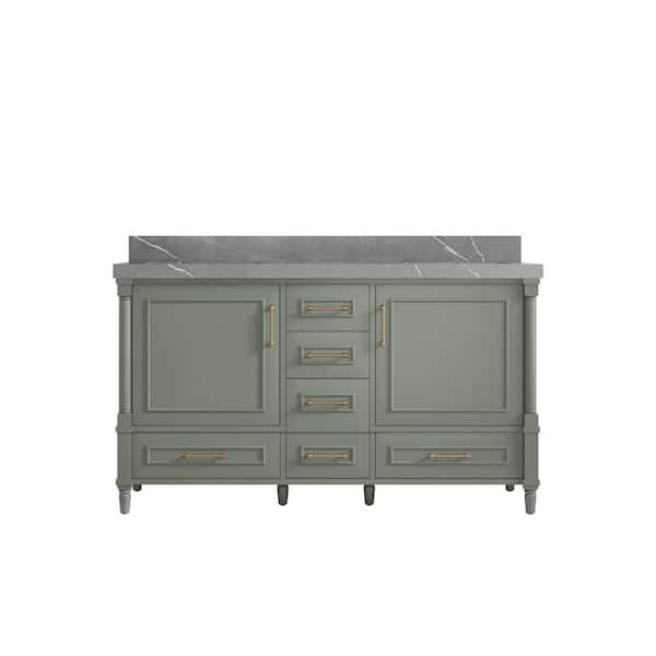 Willow Collections Hudson 60 in. W x 22 in. D x 36 in. H Double Sink Bath Vanity in Evergreen with 2 in. Piatra Gray Quartz Top