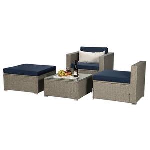 4-Piece Gray Wicker Patio Conversation Set with Navy Cushions